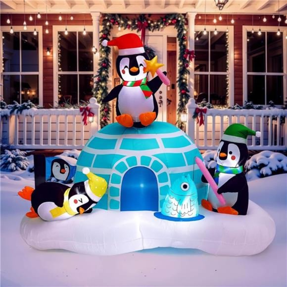 6.9ft Christmas Inflatables Igloo with 3 Penguins, Outdoor LED Light Up Penguin - Picture 1 of 6